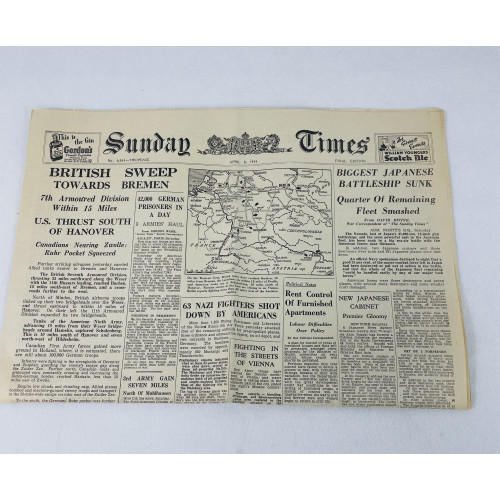 MILITARY PROP HIRE -  WW2 newspapers - Sunday Times 6th April 1945